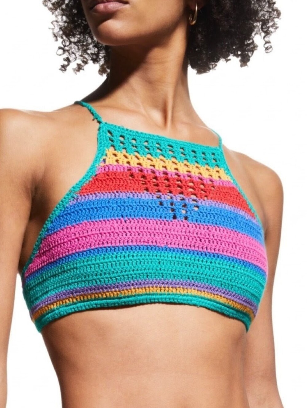 FARM RIO Bruna’s Stripes Crochet Halter Bikini Top Rainbow Striped S/M No Tag